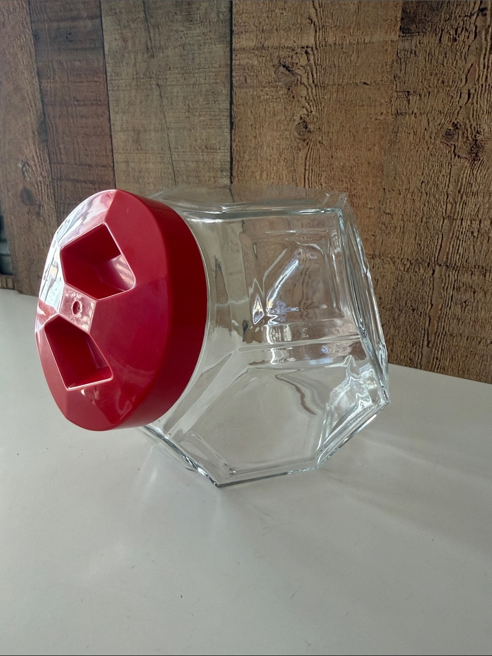 VTG Clear Glass Hexagonal Biscuit Cookie Jar with Red Lid